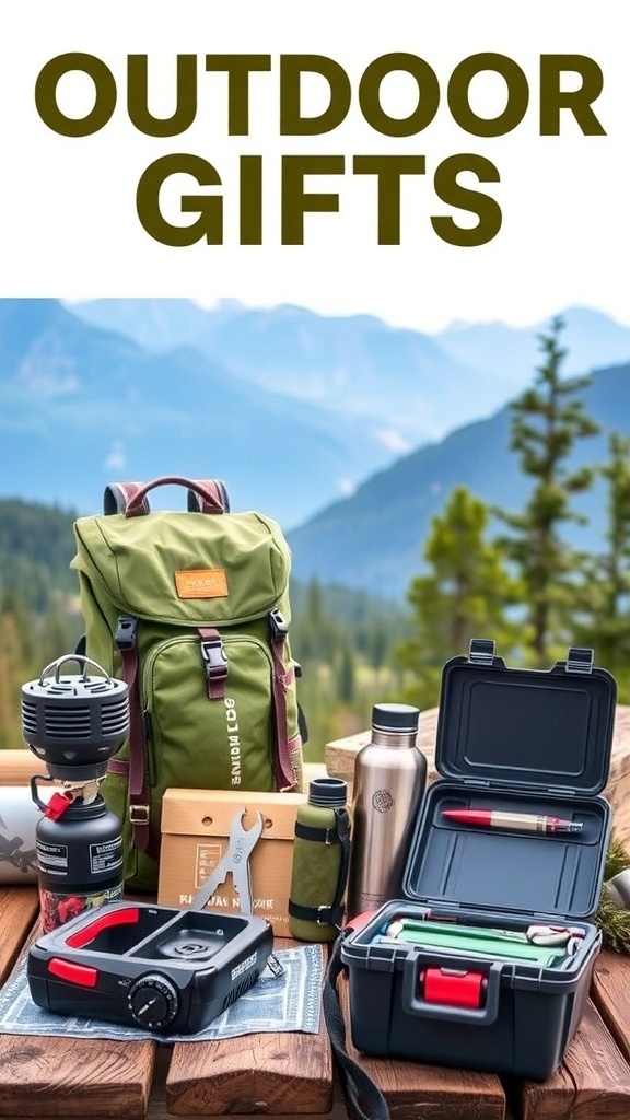 A selection of outdoor gifts for a boyfriend, including hiking gear and camping accessories on a wooden table.